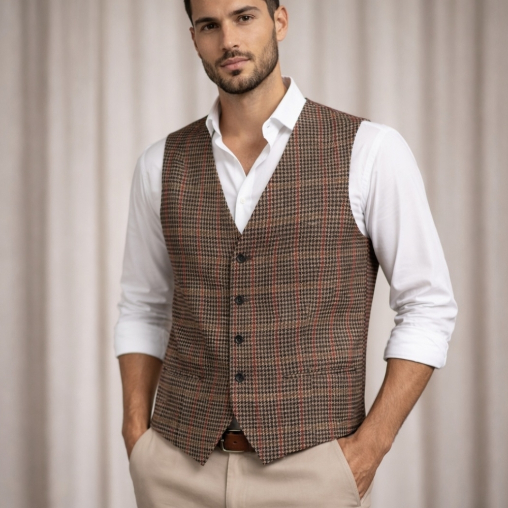 Zara Mens Houndstooth Plaid Waistcoat Vest Medium Tweed Style Dress Vest Brown